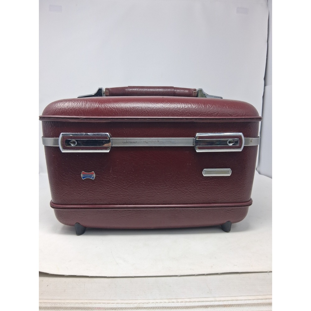 Vintage American Tourister Tiara Train Case Burgundy Hardshell w/ Vanity Mirror